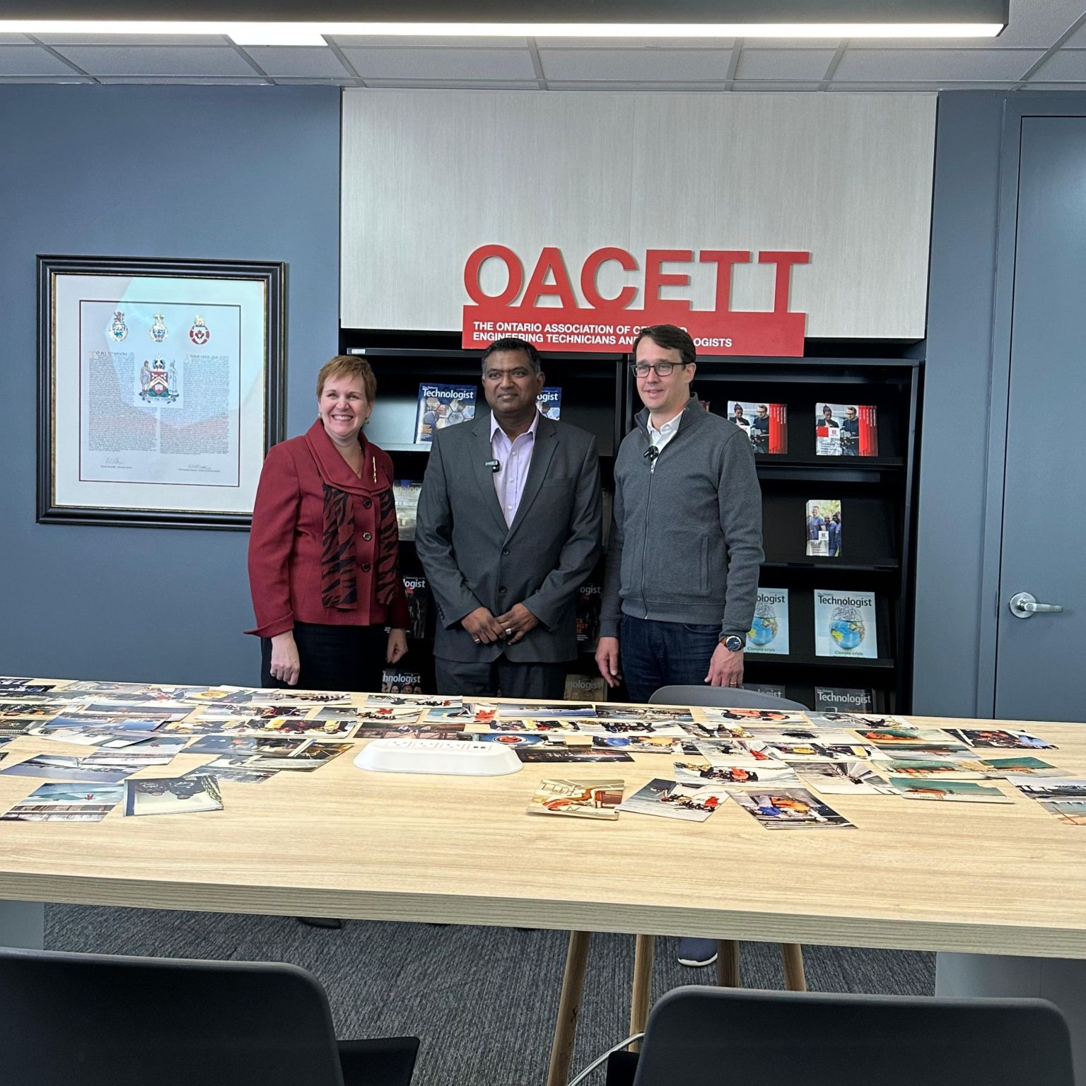 Photo of Cheryl Farrow, MBA, CAE, CEO of OACETT, OACETT member Clarence Walters, C.Tech. and Hon. Minister Monte McNaughton of the Ministry of Labour, Immigration, Training and Skills Development.