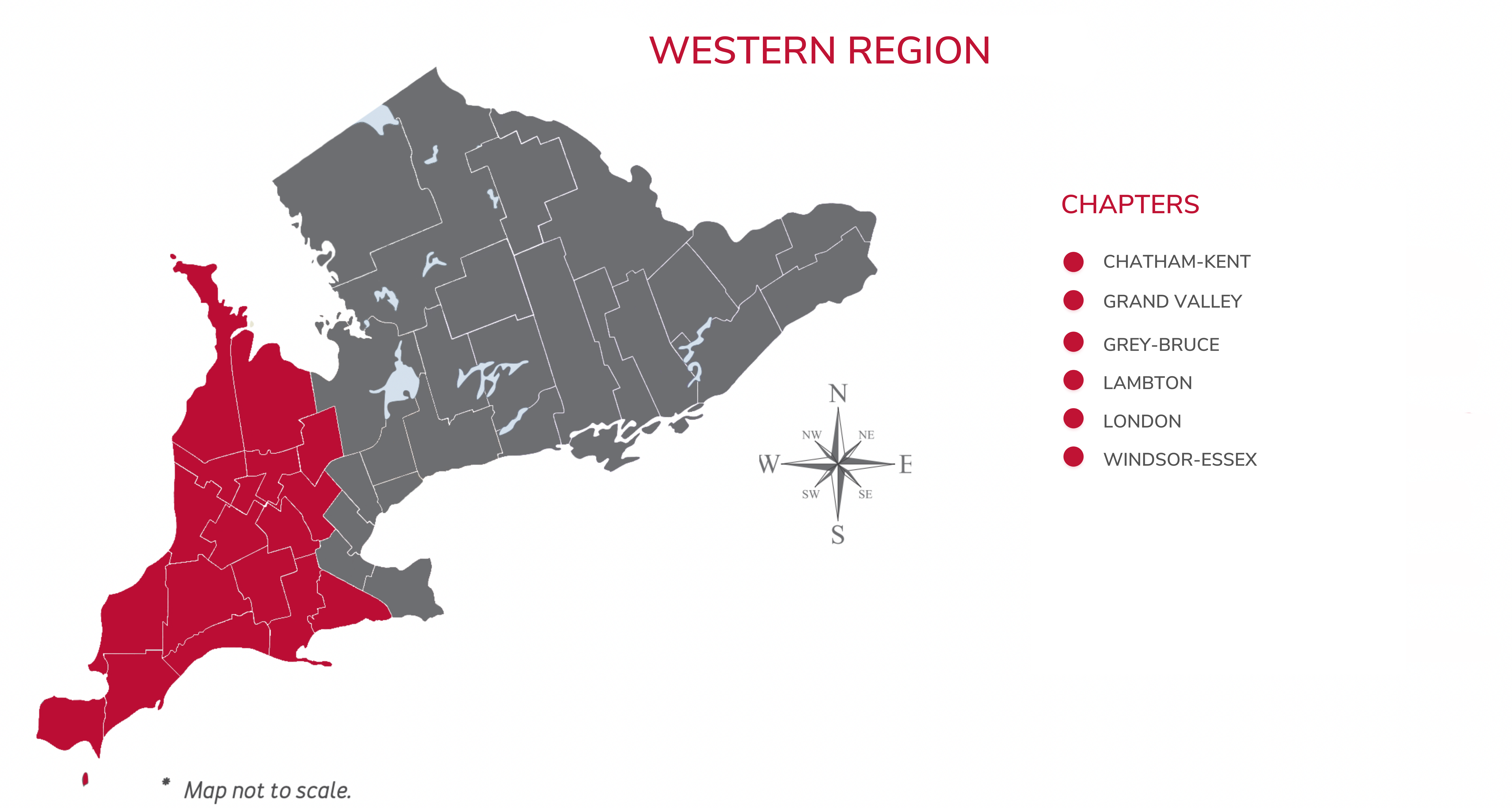 Map of Ontario highlighting the Western Region in red, showing chapters in Chatham-Kent, Grand Valley, Grey-Bruce, Lambton, London, and Windsor-Essex.