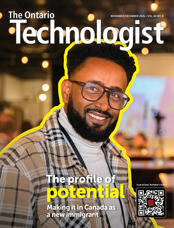 Cover of Ontario Technologist magazine, Nov-Dec 2024, featuring "The Profile of Potential" for new immigrants in Canada.