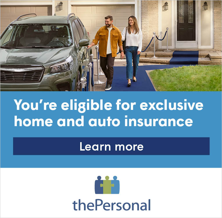 A couple walking on a blue carpet towards their house, passing by a green SUV. The text on the image reads, "You're eligible for exclusive home and auto insurance. The Personal logo is is at the botto