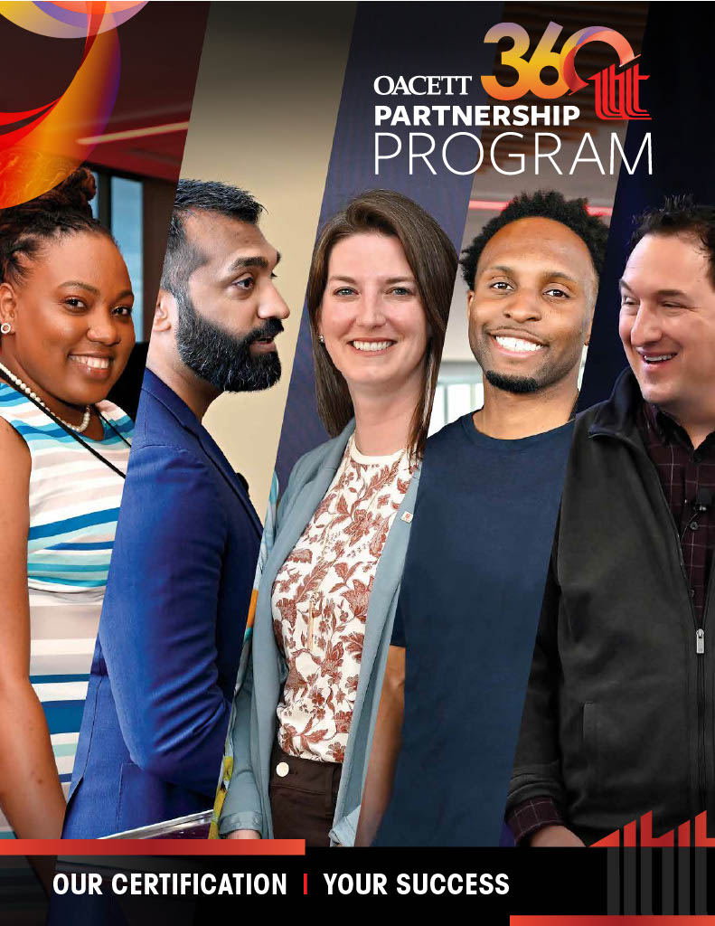 OACETT 360 Partnership Program brochure cover featuring diverse professionals smiling, with the tagline "Our Certification | Your Success" at the bottom.