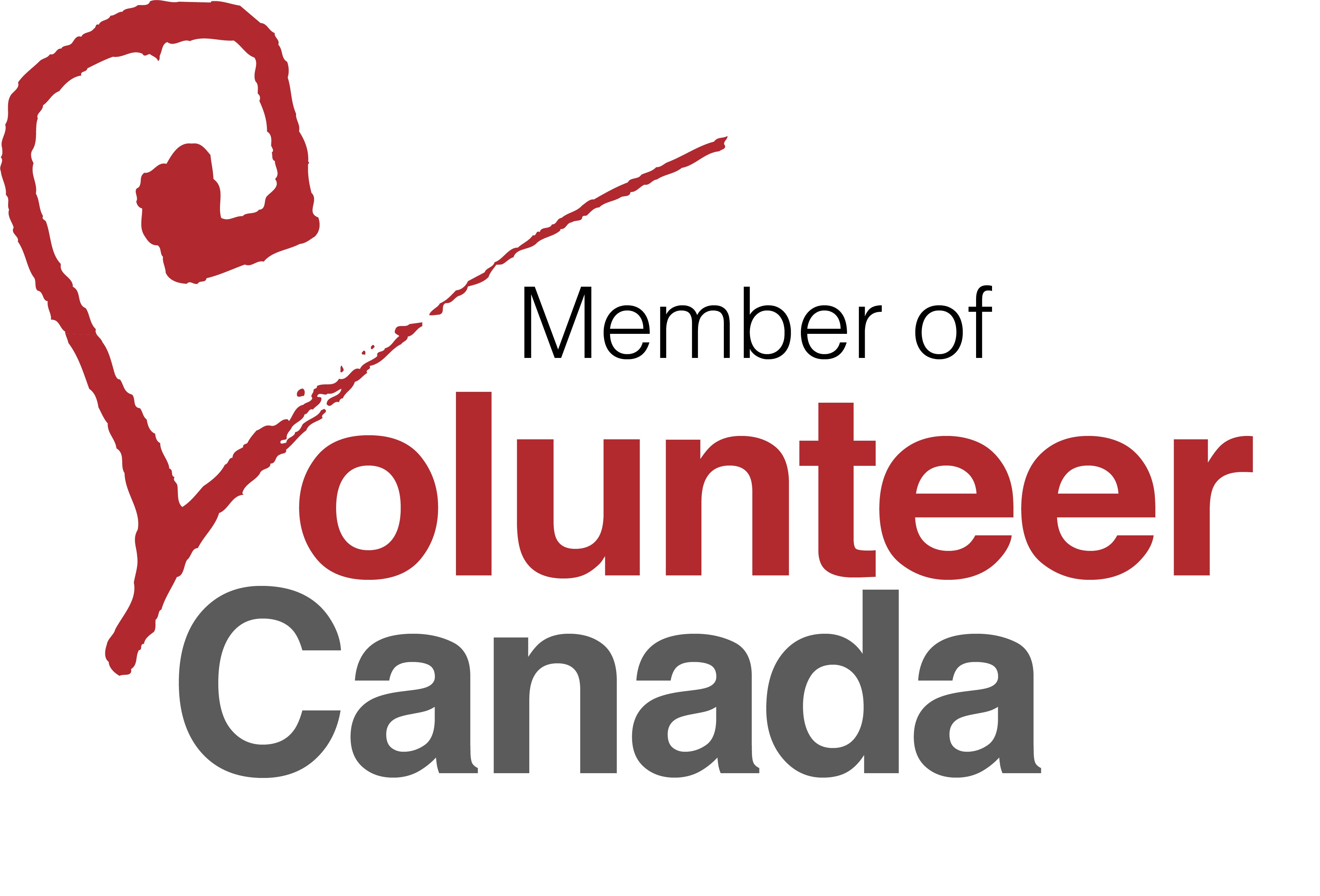 Logo of Volunteer Canada with text "Member of Volunteer Canada" in black and red, featuring a red spiral heart design on the left.